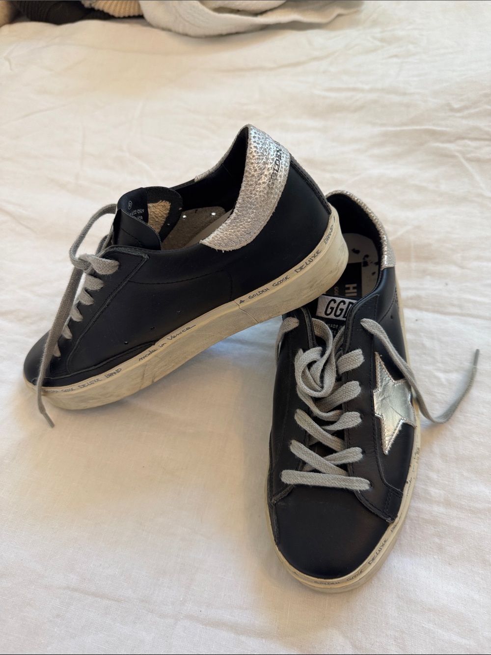 Golden Goose Black Leather Sneakers with Silver Star and Heel
